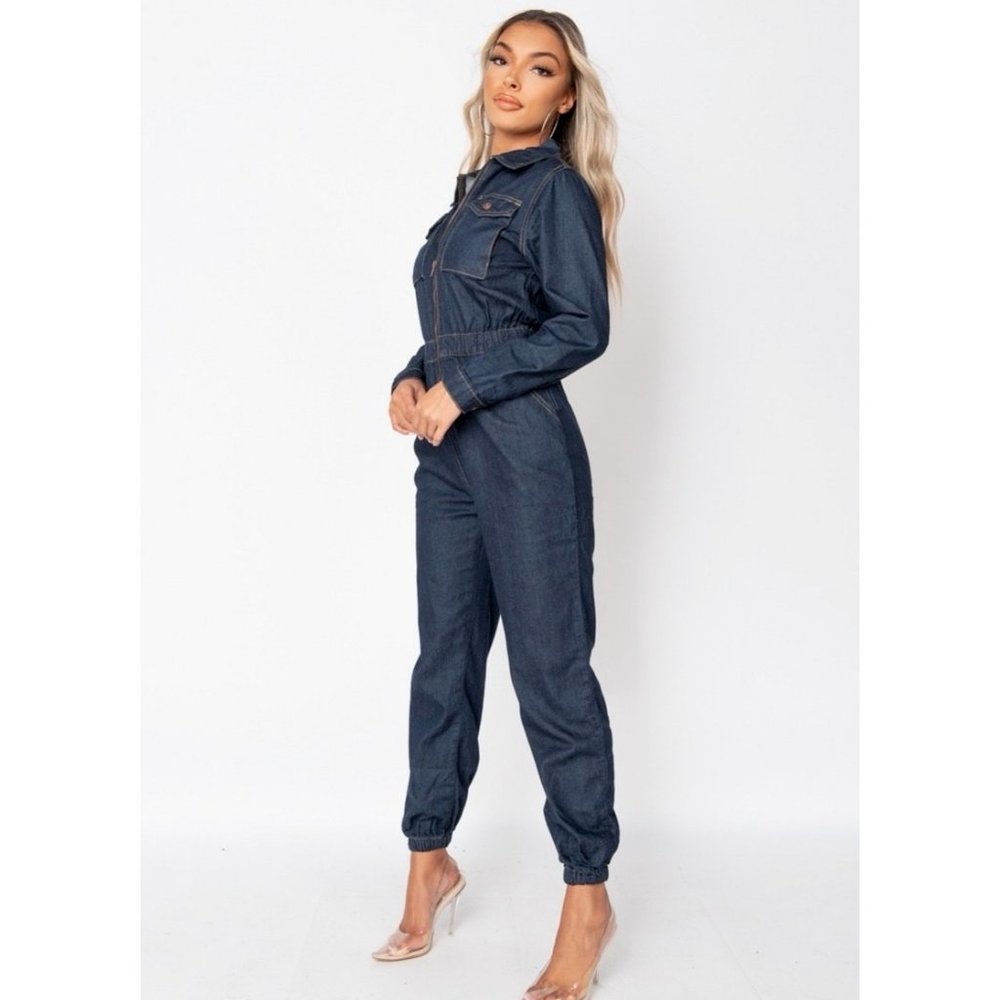 Long Sleeve Denim Jeans Loose Fit Utility Boiler Jumpsuit Playsuit - Picture 6 of 8